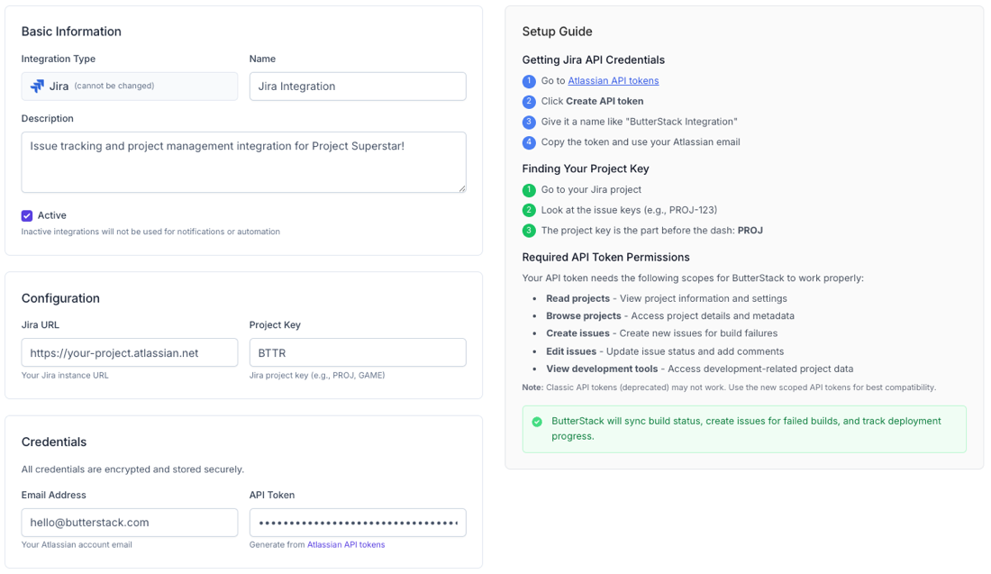 Jira integration settings inside the ButterStack dashboard