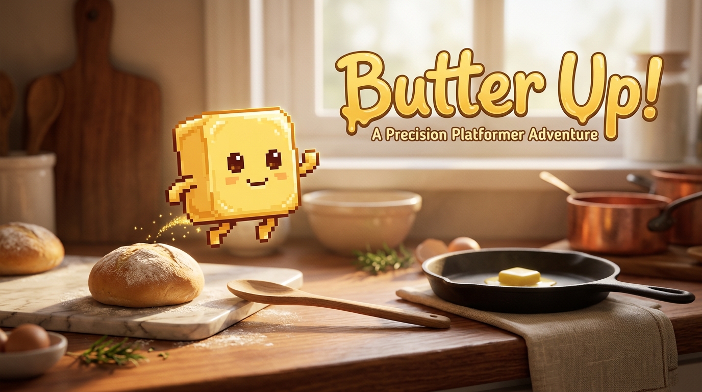 Pat O'Butter, a pixel-art stick of butter, floating in a sunlit kitchen beside fresh bread and a skillet, next to the Butter Up! wordmark