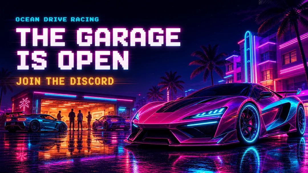 A neon-lit garage announcement with a customized sports car on a rain-slicked Miami street