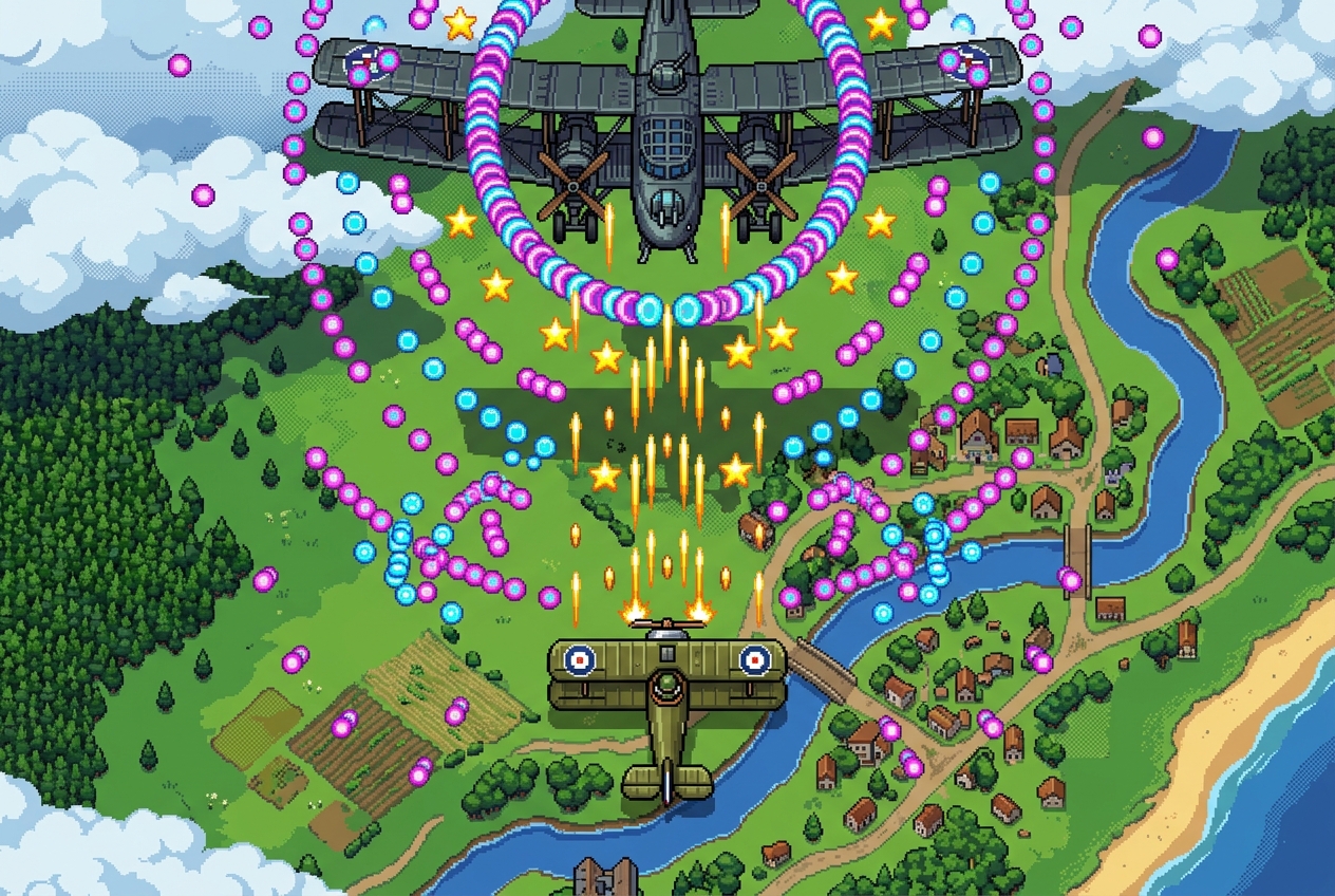 Top-down shmup gameplay: a biplane weaving through rings of bullets and stars while chasing an enemy bomber over a green countryside