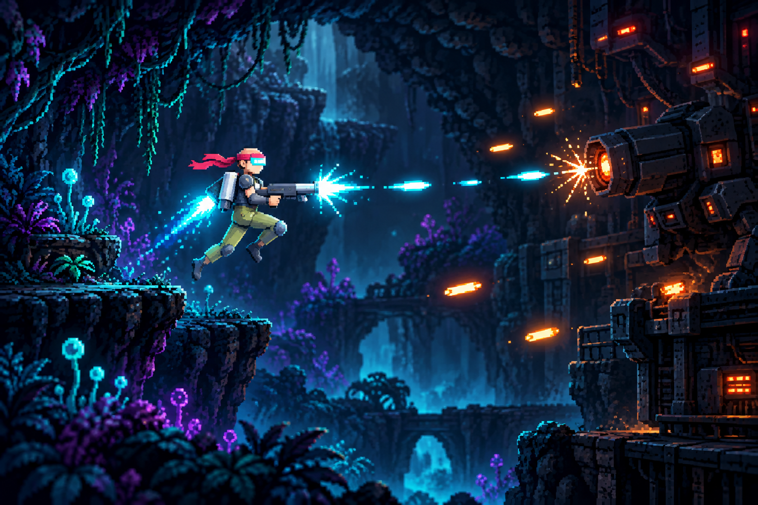 Illustrated Tracer Bullet key art: Colt Blaze fires cyan rounds at a mechanical enemy in a glowing cavern