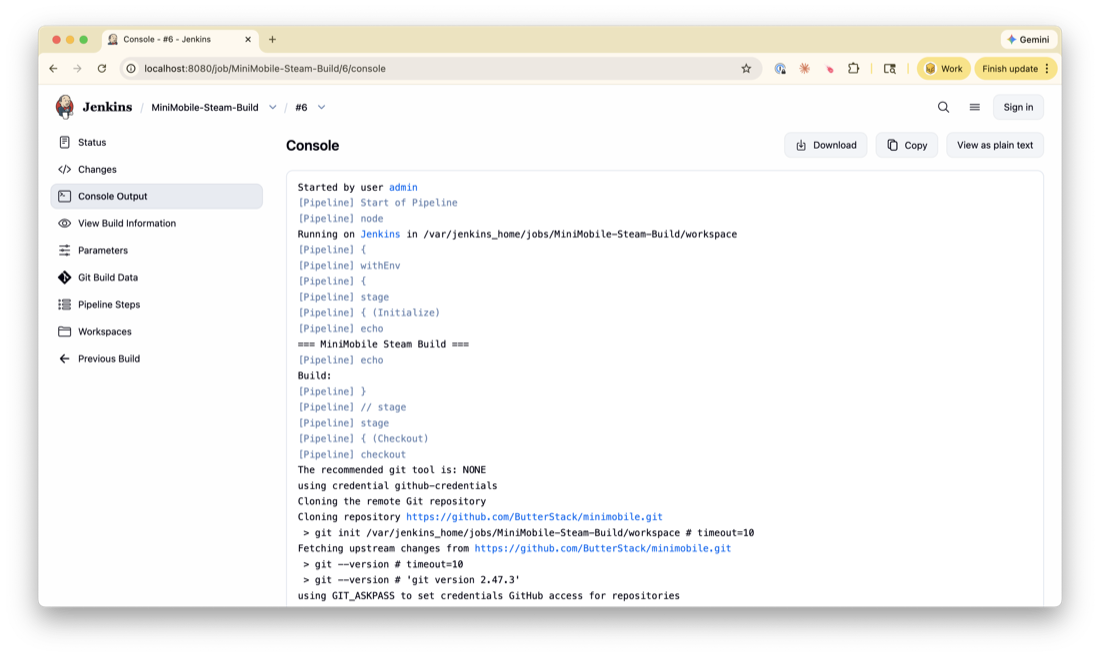 Jenkins console output for a running build job