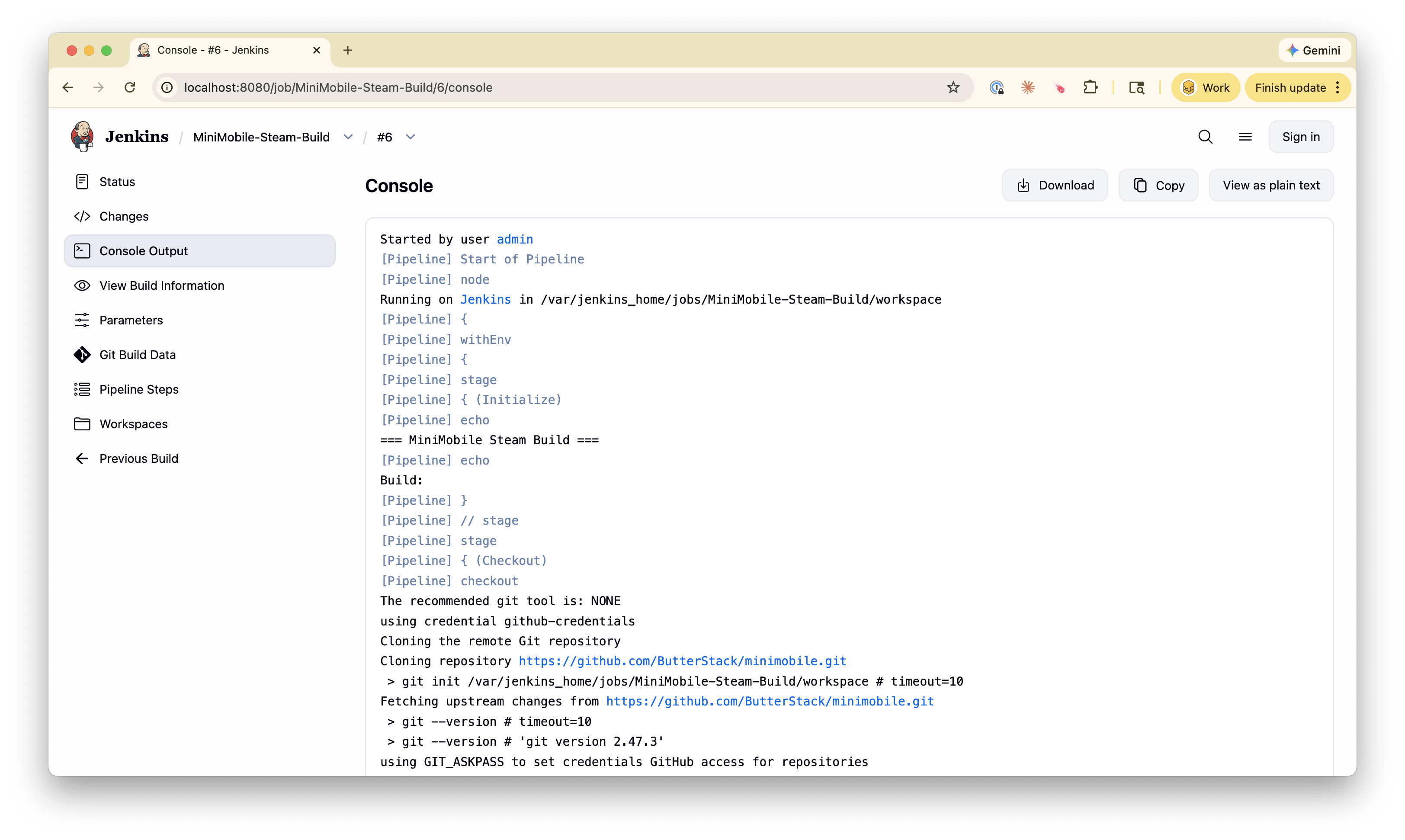 Jenkins console output showing a game build pipeline in action